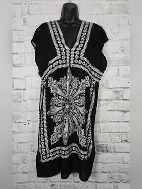 Majora Black White Boho Kaftan Cover Up Tunic Dress XL Beach